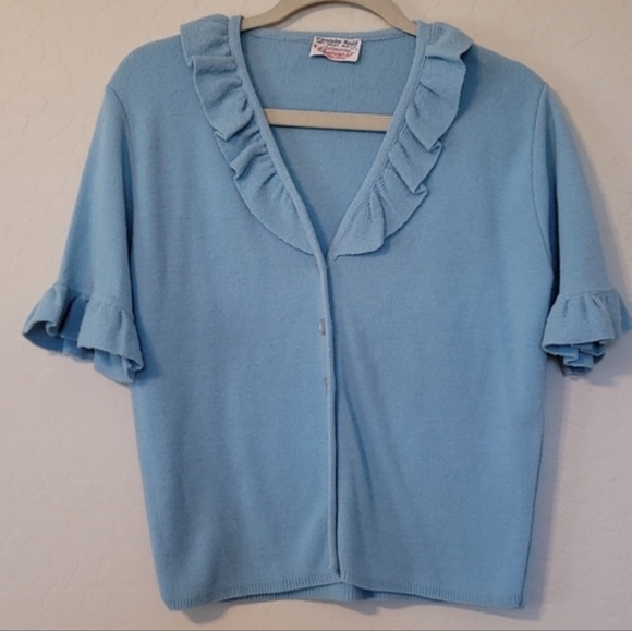Vintage Featherknit Blue Short Sleeve with Ruffle Collar and Cuff Cardigan Med. - Picture 1 of 9
